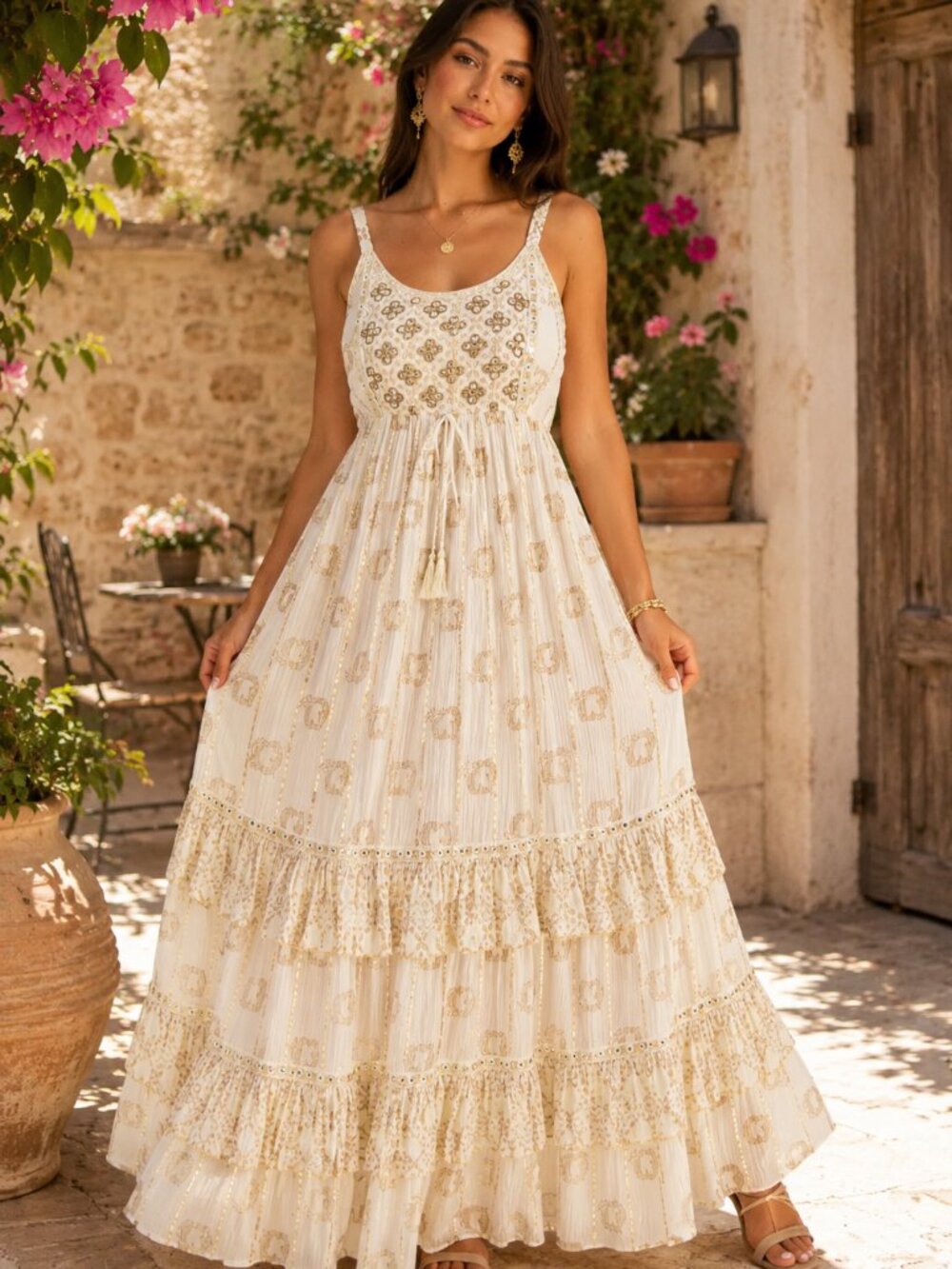 Boho Lace Maxi Dress Cream Tiered | Coastal Beach Vacation Resort Sundress